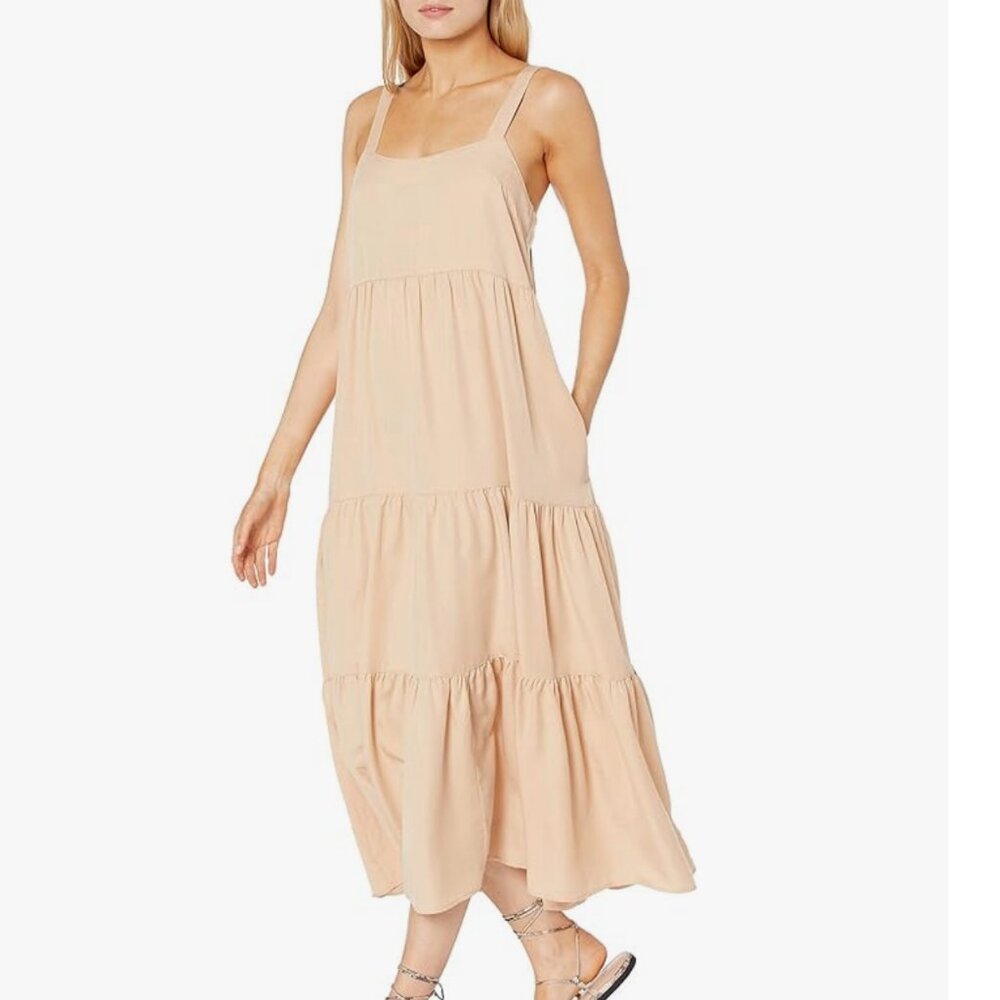 New with Tags The Drop Women's Britt Tiered Maxi Tent Dress, Ginger Beige L